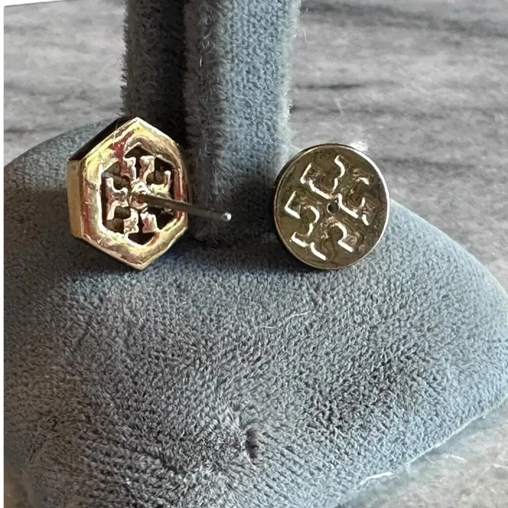Tory Burch - Gold Hex-Logo Stud Earrings, NWT - Picture 6 of 8